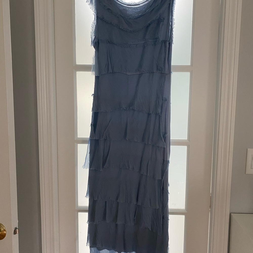 Blue Tiered Ruffled Maxi Dress with Cowl Neck